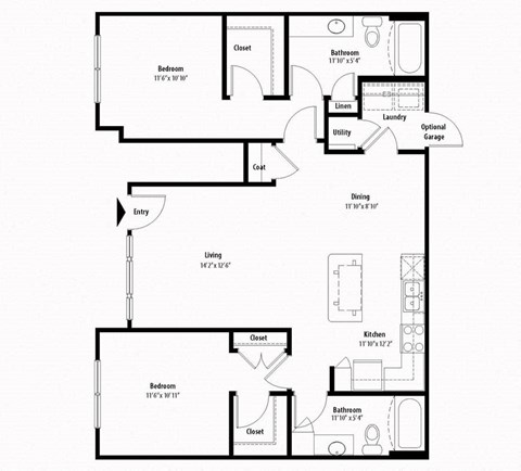 Floor plan for 2 beds, 2 baths, 1088 sqft